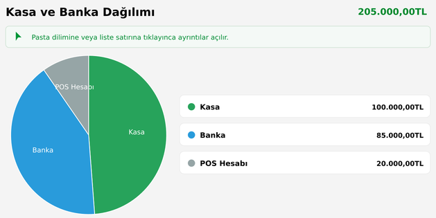 TicariBulut kasa ve banka dağılımı raporu: kasa, banka ve POS hesabı bakiyeleri pasta grafikte